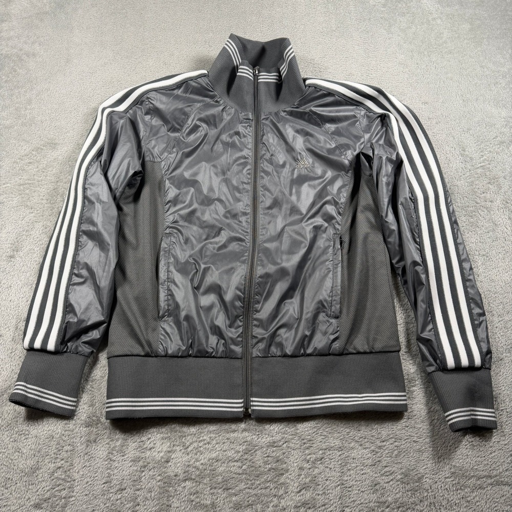 Vintage Adidas Track Jacket Women Large Grey 3-Stripe Full Zip Y2K